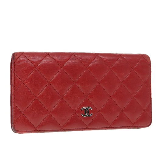 CHANEL Matelasse Wallet Lamb Skin Red Silver CC 90620