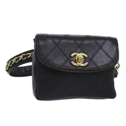 CHANEL Bicolore Chain Waist bag Leather Black Gold CC 90785A