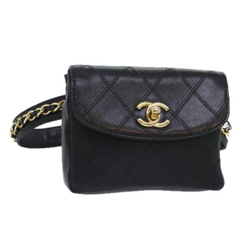 CHANEL Bicolore Chain Waist bag Leather Black Gold CC 90785A