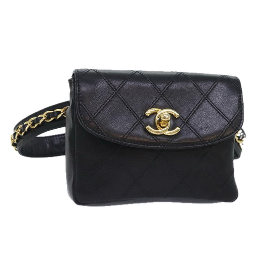 CHANEL Bicolore Chain Waist bag Leather Black Gold CC 90785A