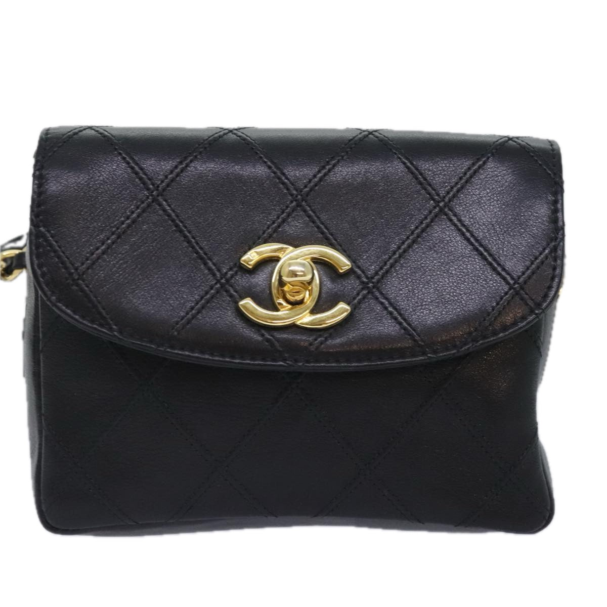 CHANEL Bicolore Chain Waist bag Leather Black Gold CC 90785A