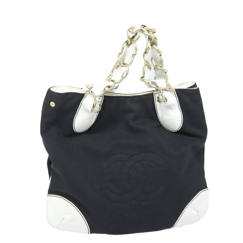 CHANEL COCO Mark Chain Tote Bag Canvas Leather Black White gold CC 90837