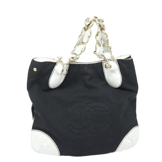 CHANEL COCO Mark Chain Tote Bag Canvas Leather Black White gold CC 90837