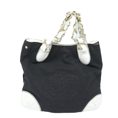 CHANEL COCO Mark Chain Tote Bag Canvas Leather Black White gold CC 90837