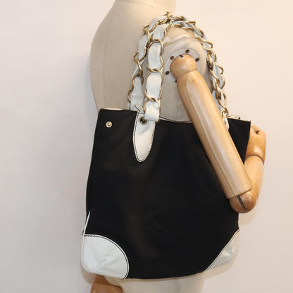 CHANEL COCO Mark Chain Tote Bag Canvas Leather Black White gold CC 90837