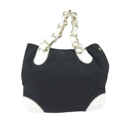 CHANEL COCO Mark Chain Tote Bag Canvas Leather Black White gold CC 90837