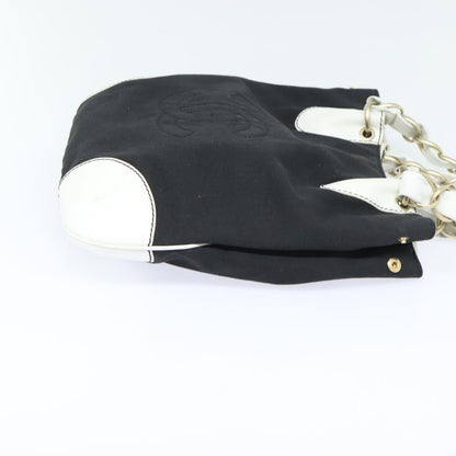 CHANEL COCO Mark Chain Tote Bag Canvas Leather Black White gold CC 90837