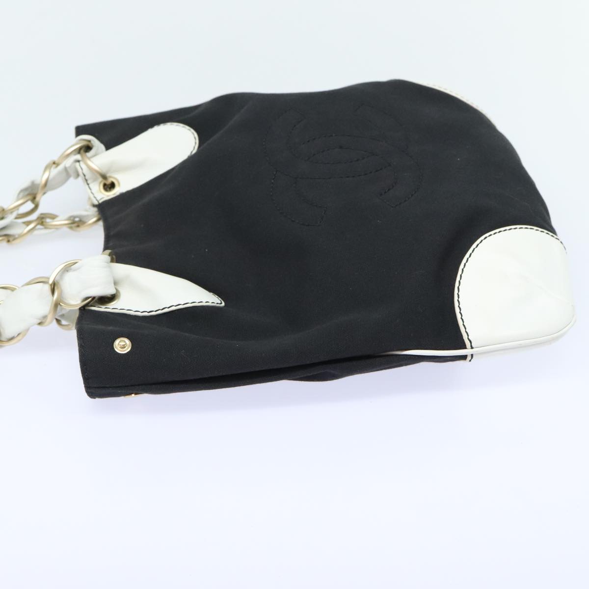 CHANEL COCO Mark Chain Tote Bag Canvas Leather Black White gold CC 90837