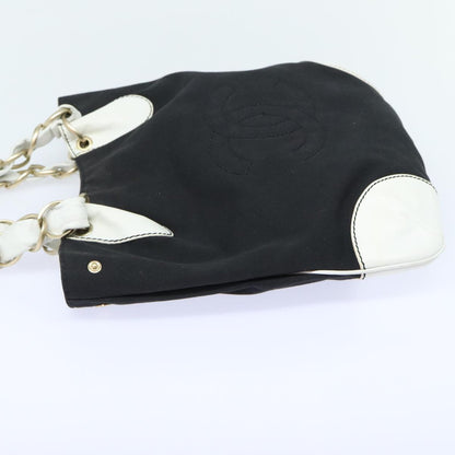CHANEL COCO Mark Chain Tote Bag Canvas Leather Black White gold CC 90837