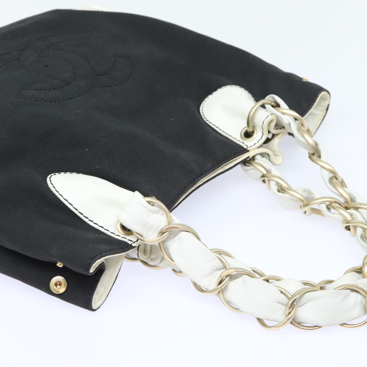 CHANEL COCO Mark Chain Tote Bag Canvas Leather Black White gold CC 90837