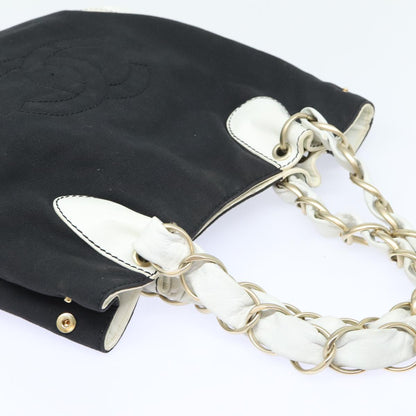 CHANEL COCO Mark Chain Tote Bag Canvas Leather Black White gold CC 90837