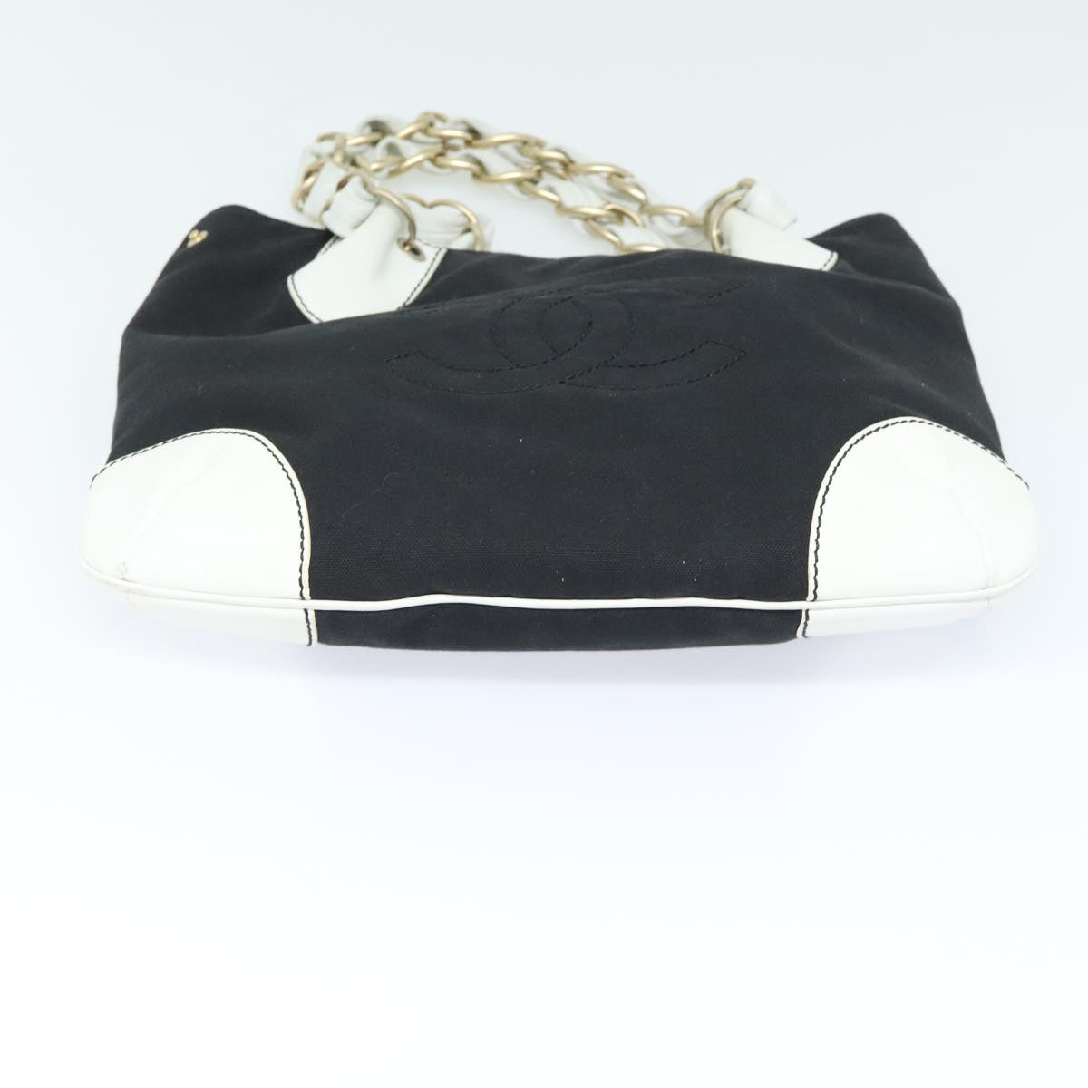CHANEL COCO Mark Chain Tote Bag Canvas Leather Black White gold CC 90837