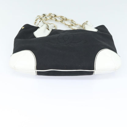 CHANEL COCO Mark Chain Tote Bag Canvas Leather Black White gold CC 90837