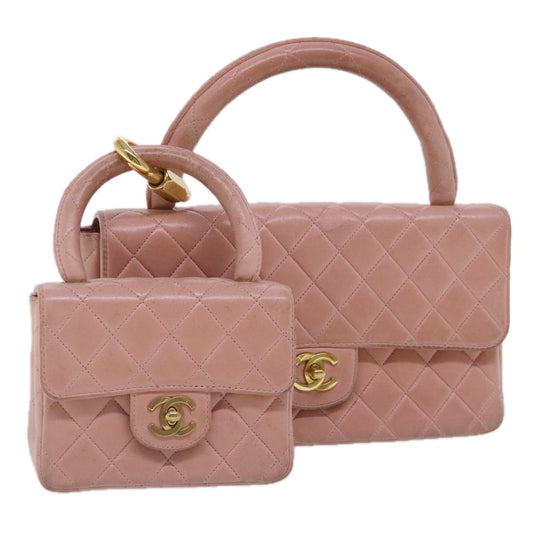 CHANEL Parent Child Bag Hand Bag Lamb Skin Pink Gold CC 90957A