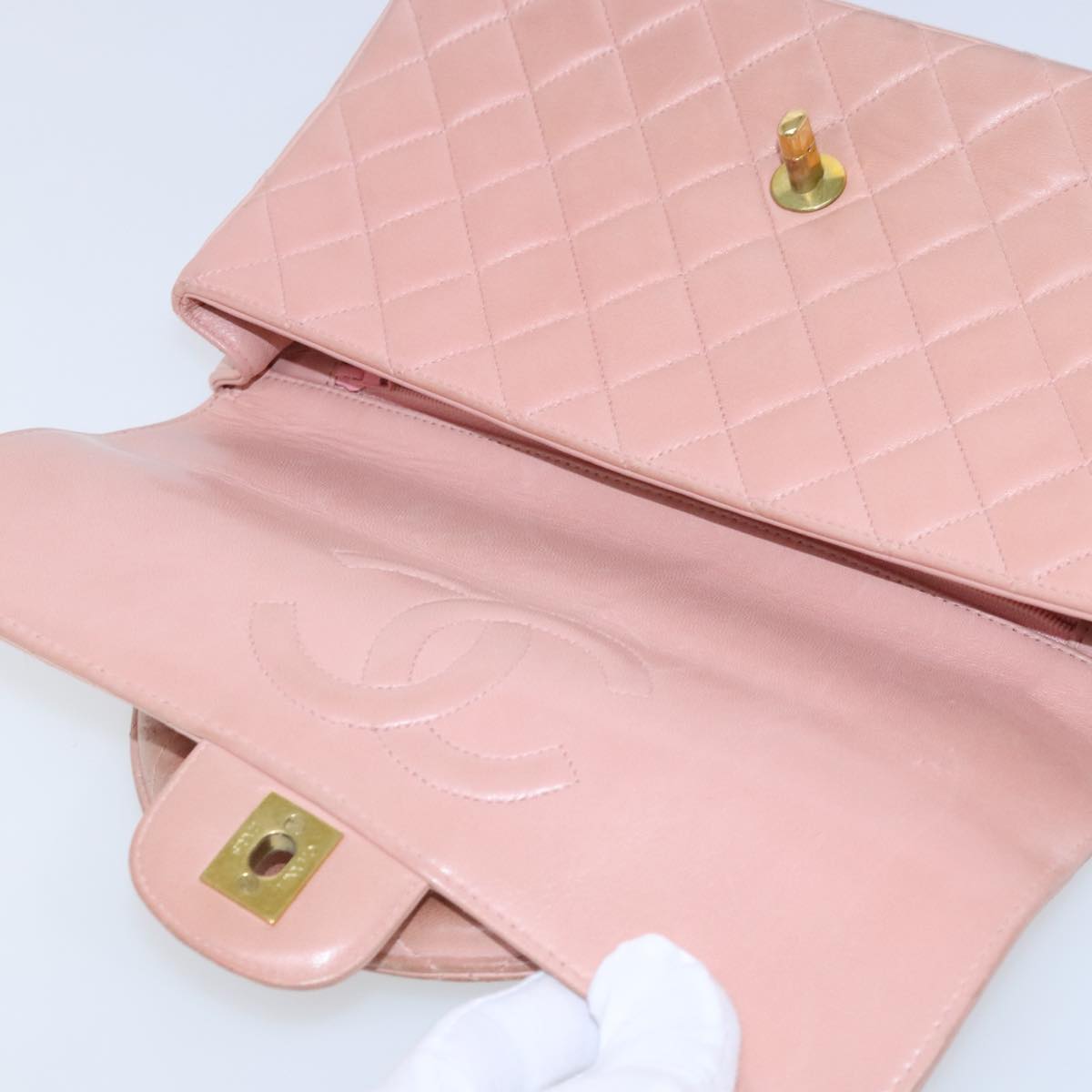 CHANEL Parent Child Bag Hand Bag Lamb Skin Pink Gold CC 90957A