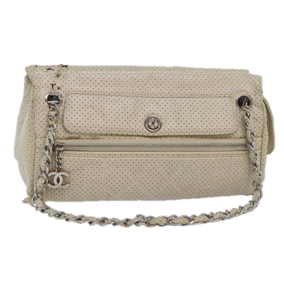 CHANEL Chain Shoulder Bag Punching leather White Silver CC 91310