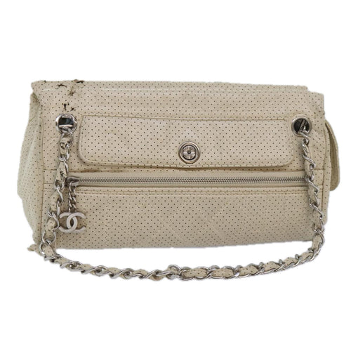 CHANEL Chain Shoulder Bag Punching leather White Silver CC 91310