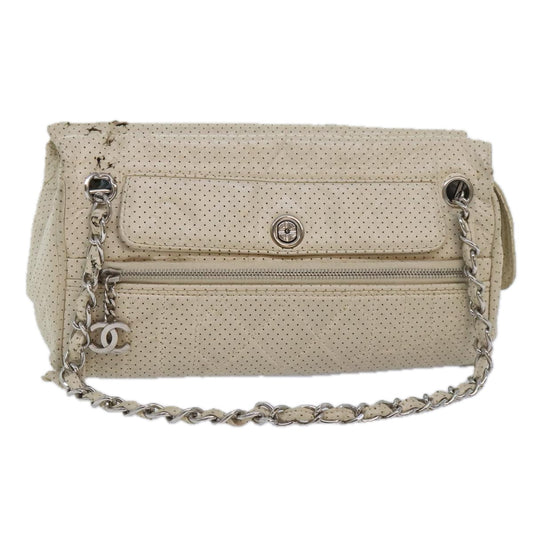 CHANEL Chain Shoulder Bag Punching leather White Silver CC 91310