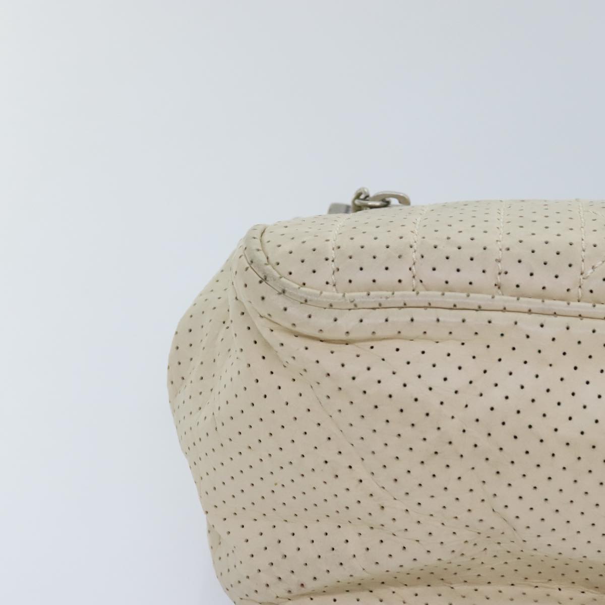 CHANEL Chain Shoulder Bag Punching leather White Silver CC 91310