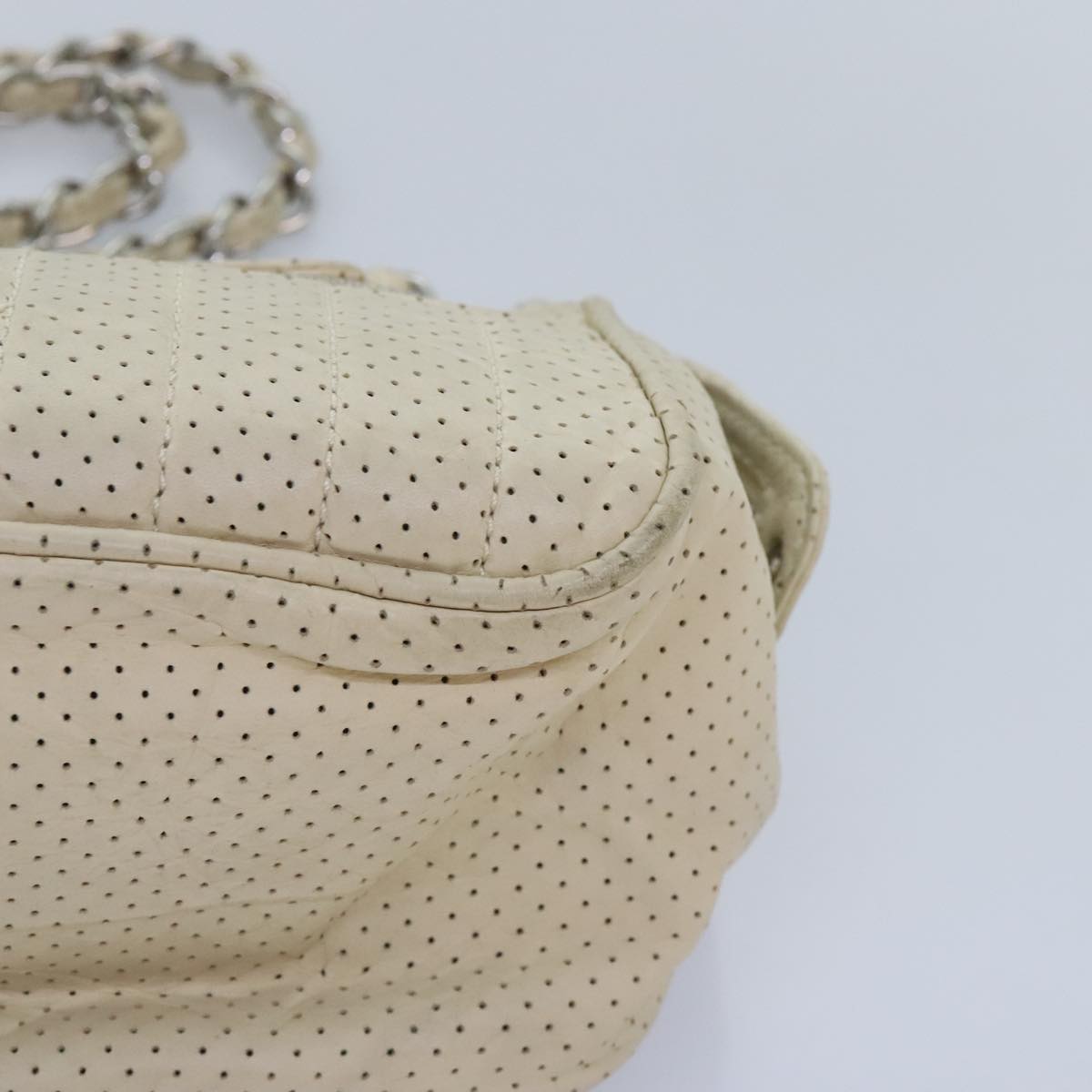 CHANEL Chain Shoulder Bag Punching leather White Silver CC 91310
