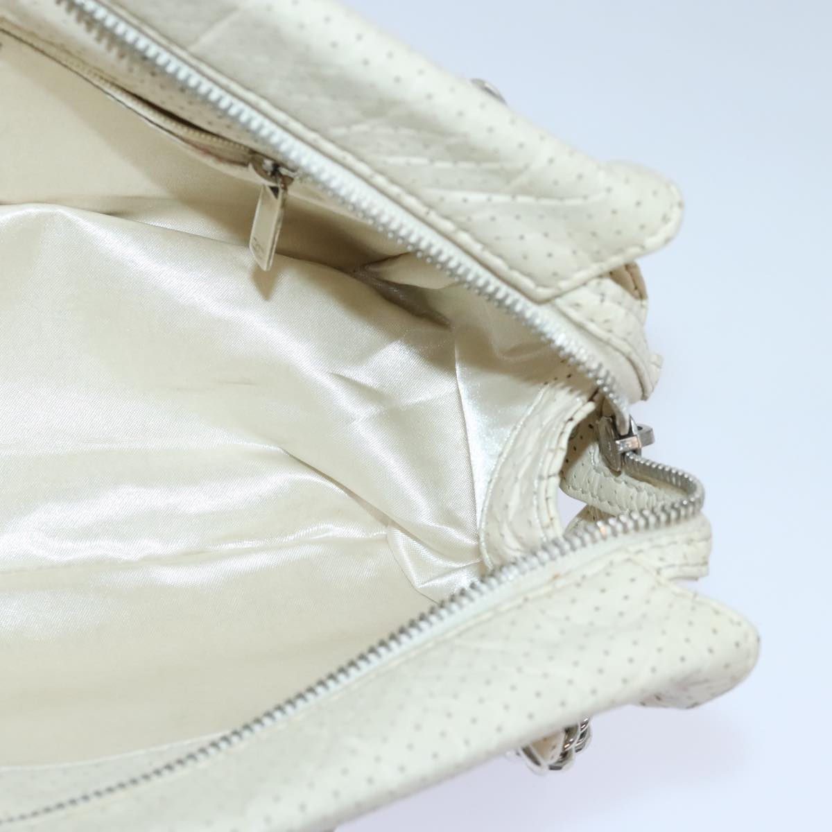 CHANEL Chain Shoulder Bag Punching leather White Silver CC 91310