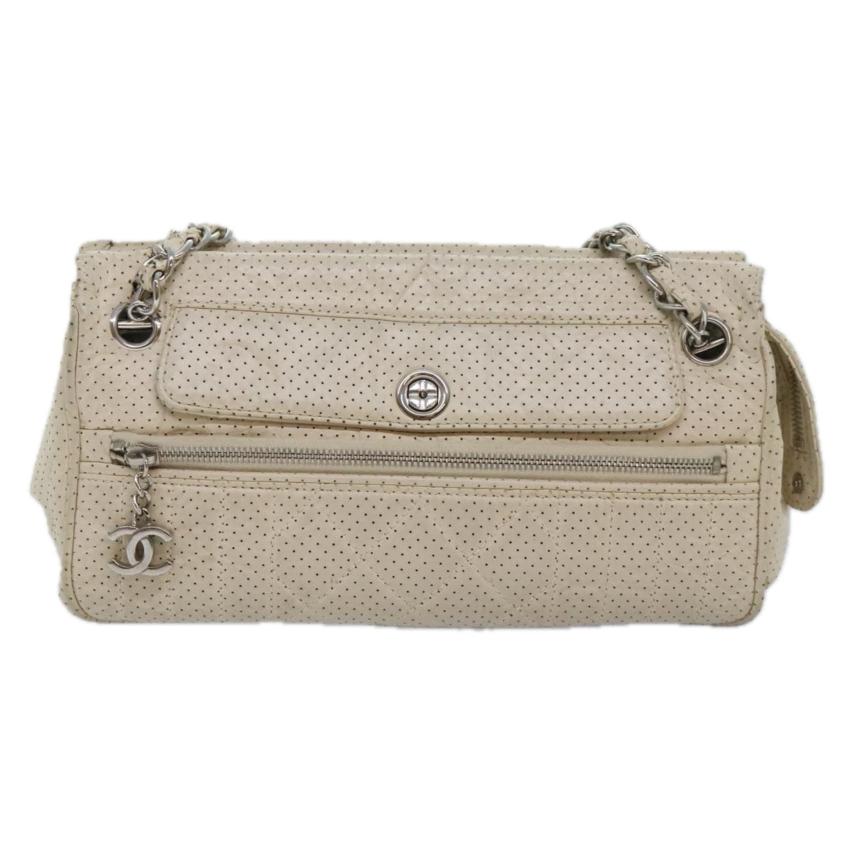 CHANEL Chain Shoulder Bag Punching leather White Silver CC 91310