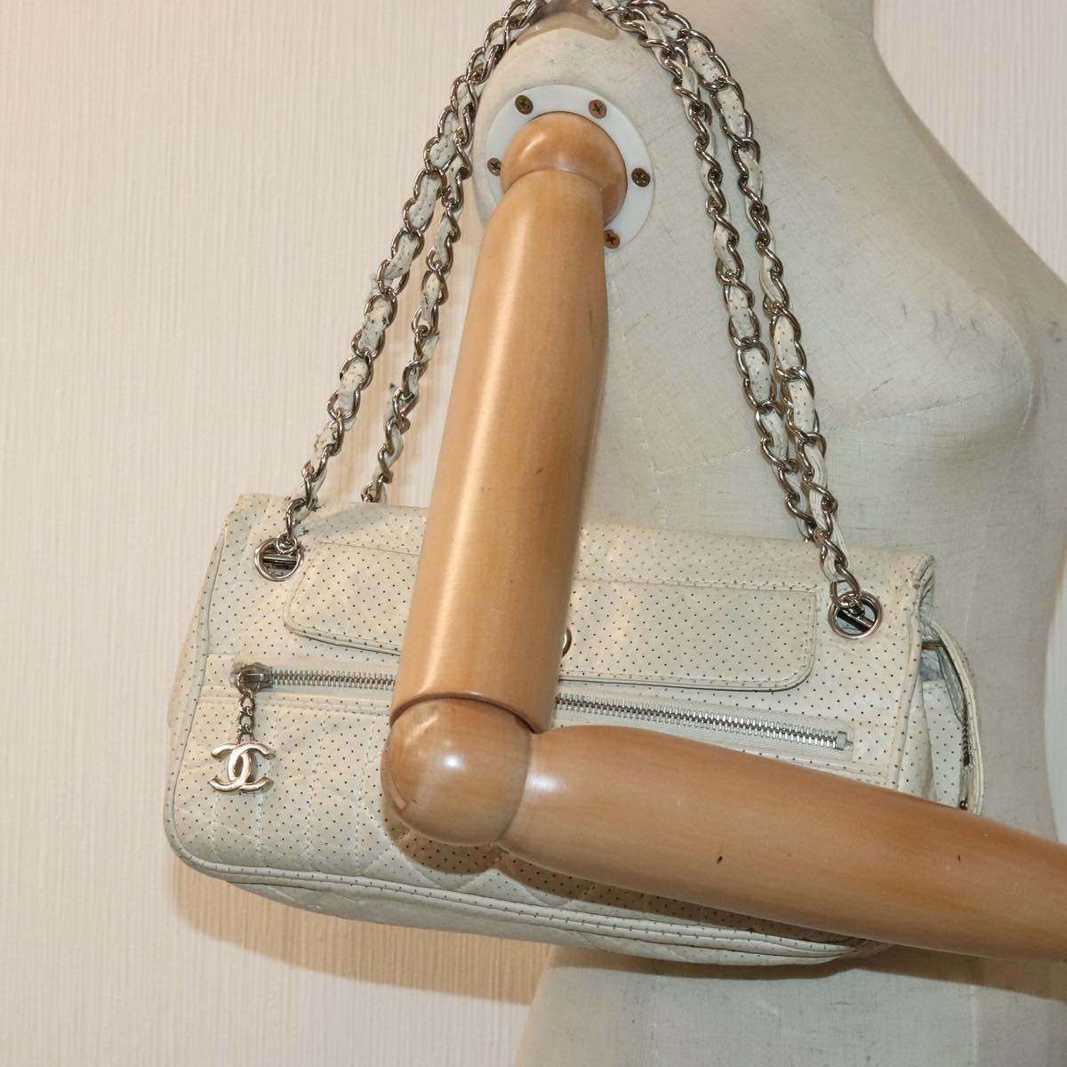 CHANEL Chain Shoulder Bag Punching leather White Silver CC 91310