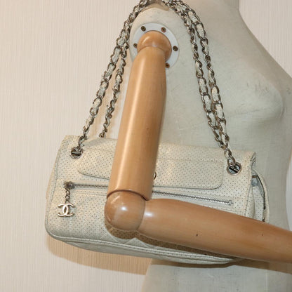 CHANEL Chain Shoulder Bag Punching leather White Silver CC 91310
