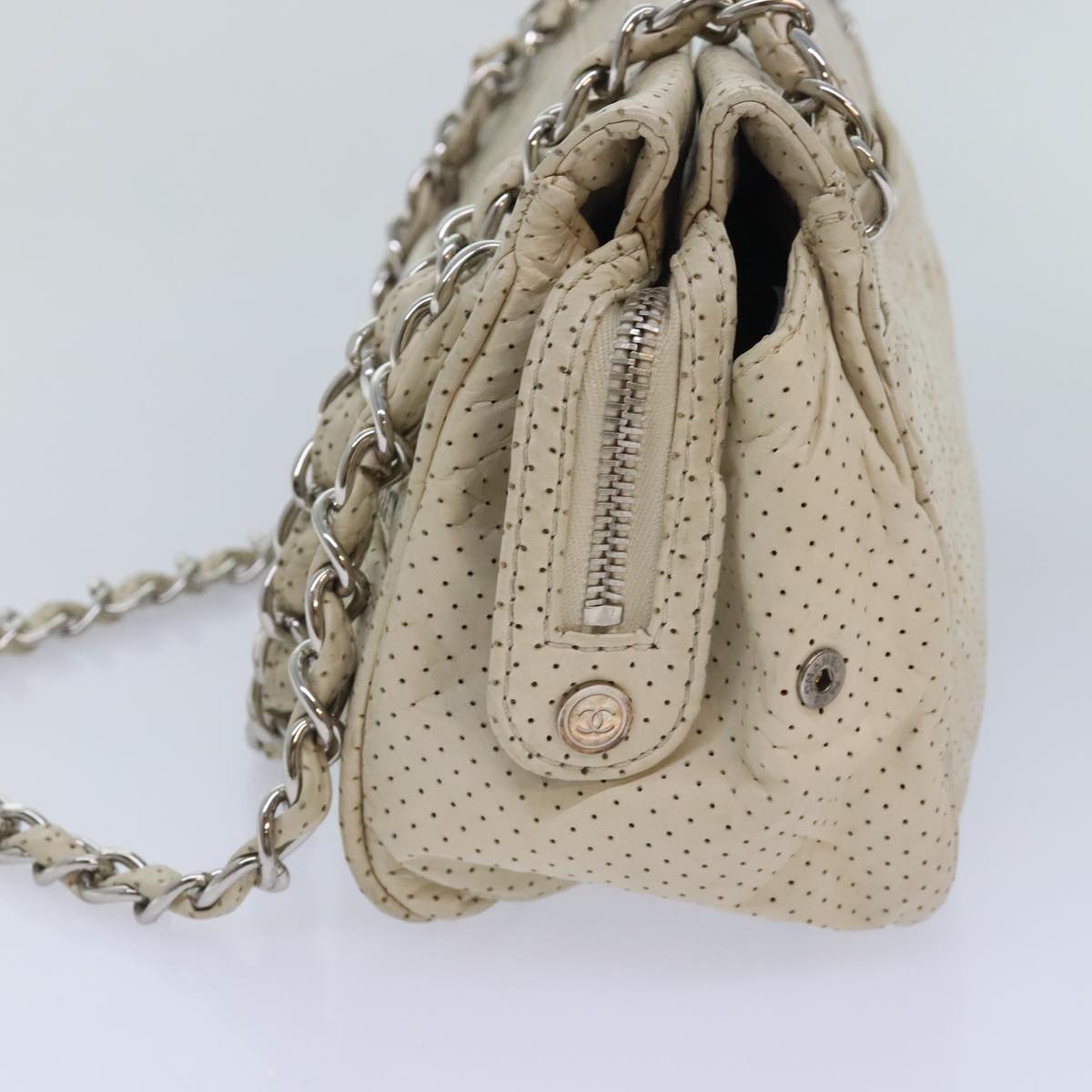 CHANEL Chain Shoulder Bag Punching leather White Silver CC 91310