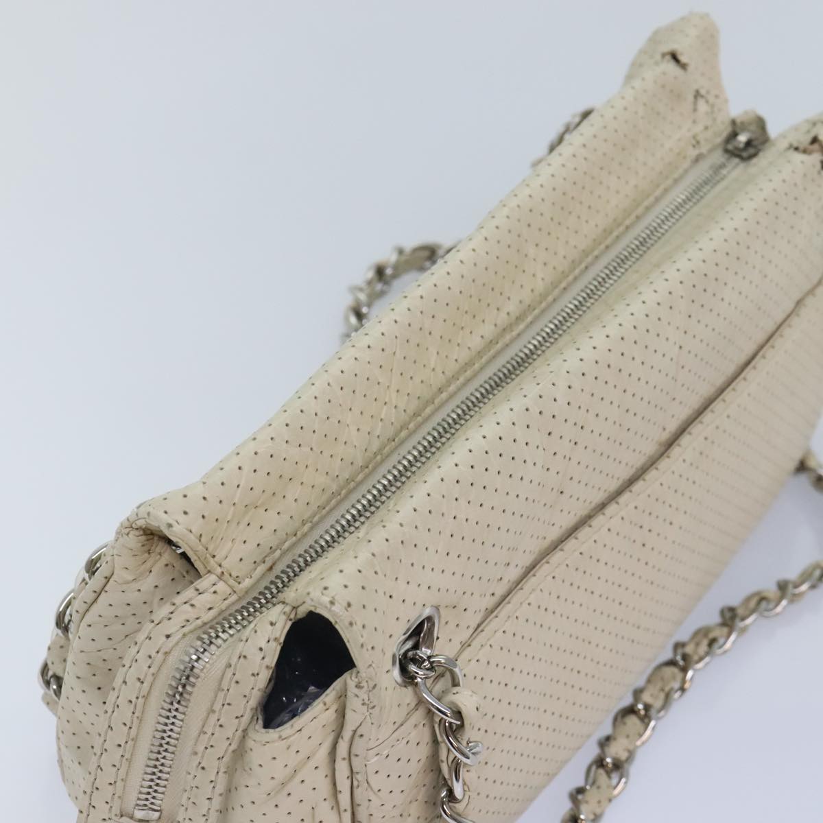 CHANEL Chain Shoulder Bag Punching leather White Silver CC 91310