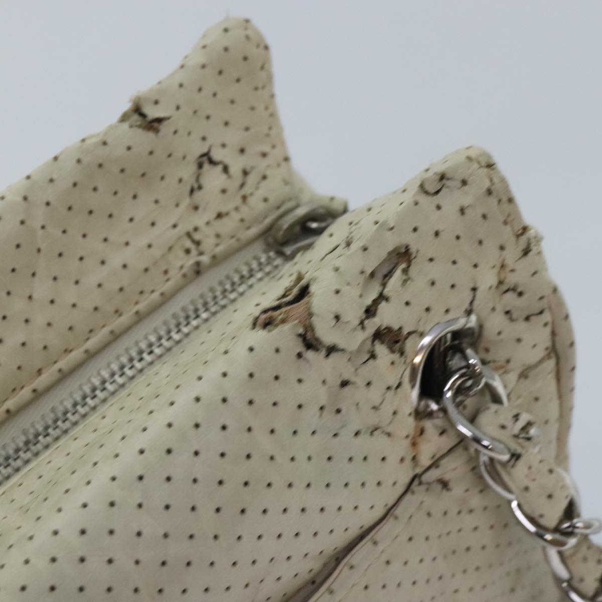 CHANEL Chain Shoulder Bag Punching leather White Silver CC 91310