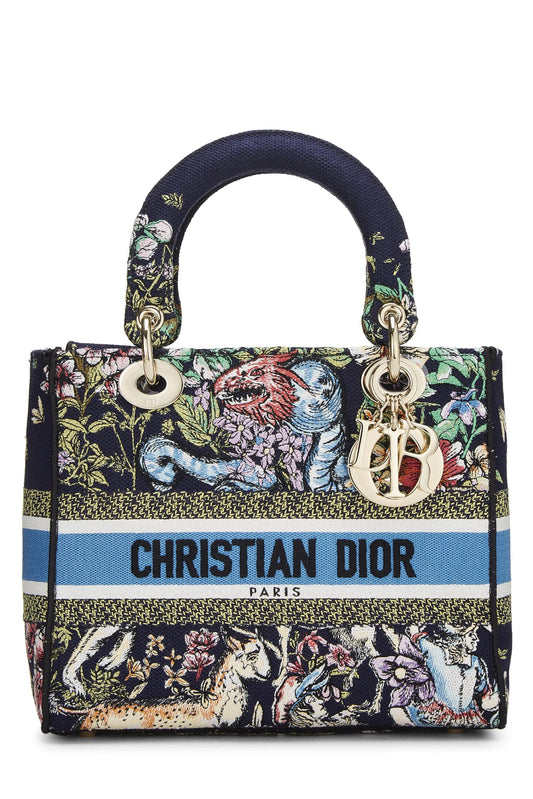 Dior, Navy Embroidered Canvas Lady D-Lite Medium, Multi