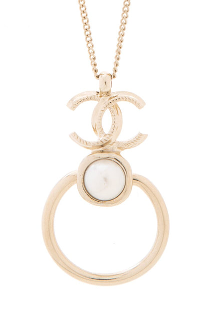 Chanel 2022 Cruise Metal Pearl CC Hoop Drop Pendant Silver Necklace