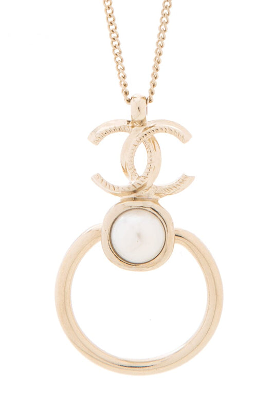 Chanel 2022 Cruise Metal Pearl CC Hoop Drop Pendant Silver Necklace