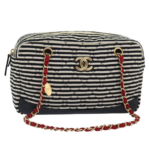 CHANEL Matelasse Chain Shoulder Bag Cotton Black White CC 92066S