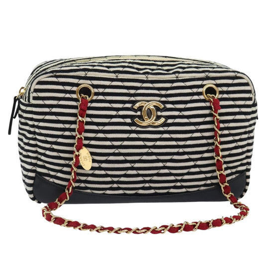 CHANEL Matelasse Chain Shoulder Bag Cotton Black White CC 92066S