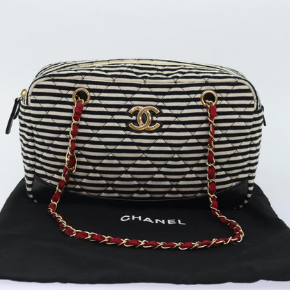 CHANEL Matelasse Chain Shoulder Bag Cotton Black White CC 92066S