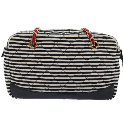 CHANEL Matelasse Chain Shoulder Bag Cotton Black White CC 92066S