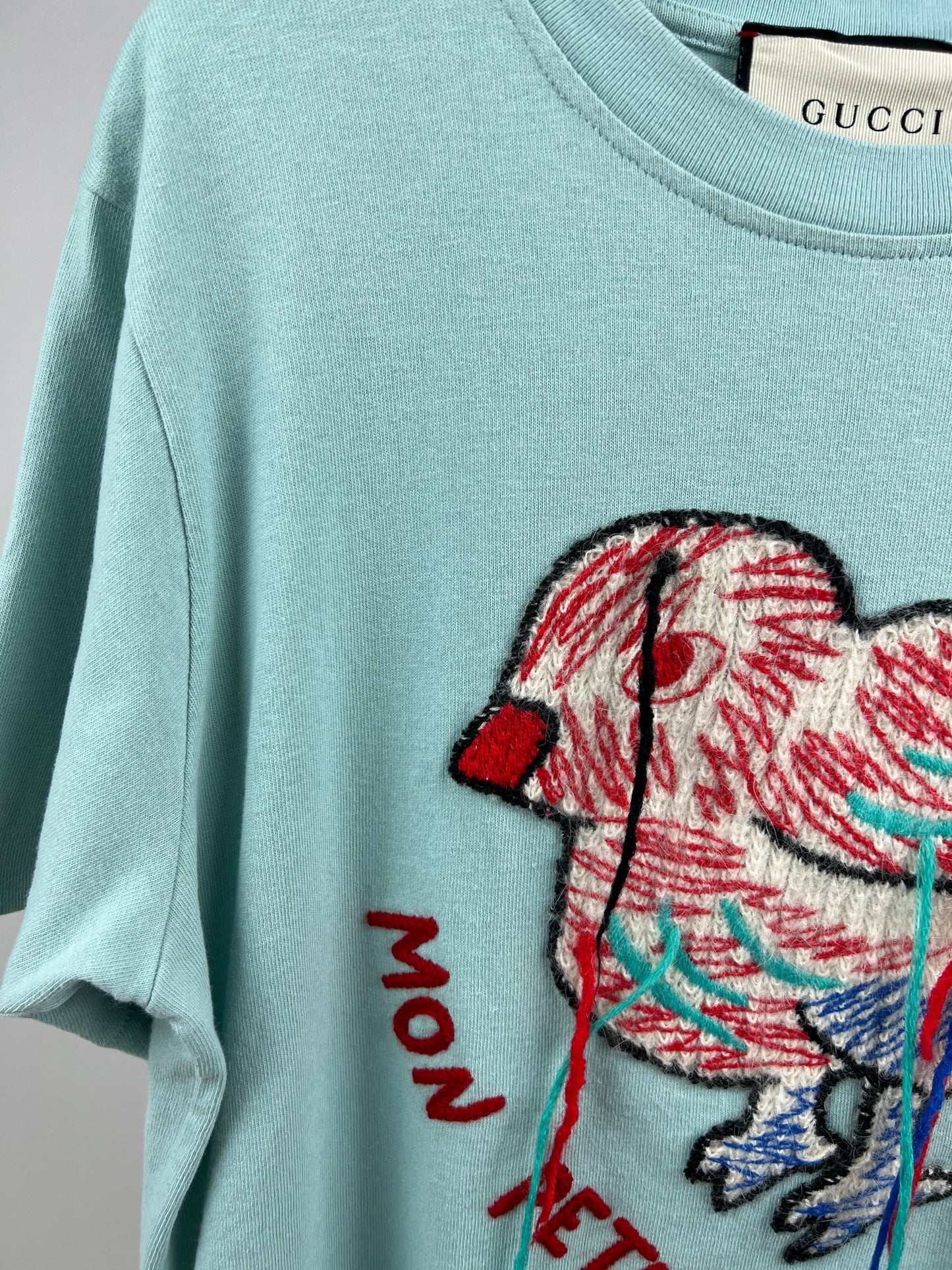 Gucci Baby Blue Cotton T Shirt with Embroidered Bird Size S (UK 8)