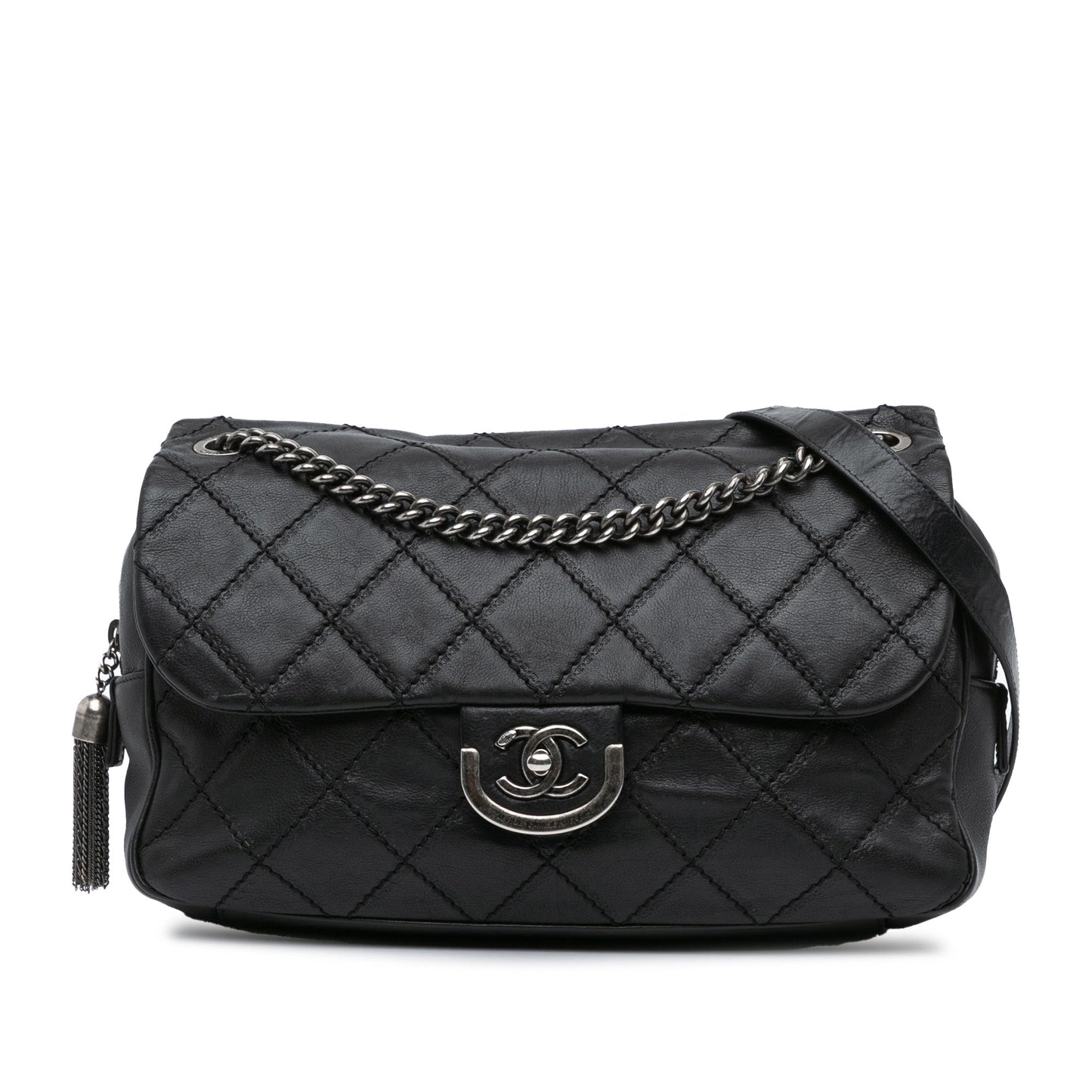 Black Chanel Paris Edinburgh Jumbo Calfskin Coco Sporran Flap Shoulder Bag