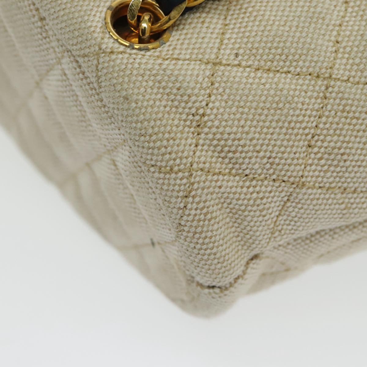 CHANEL Chain Tote Bag Canvas Lamb Skin Beige Black CC 93080