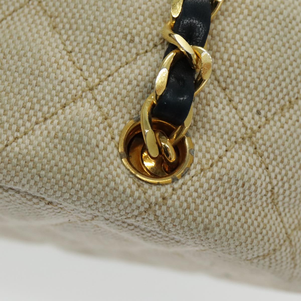 CHANEL Chain Tote Bag Canvas Lamb Skin Beige Black CC 93080