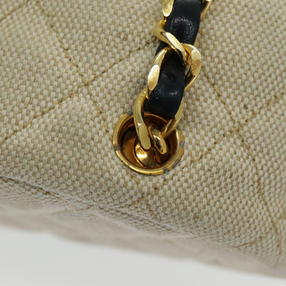 CHANEL Chain Tote Bag Canvas Lamb Skin Beige Black CC 93080