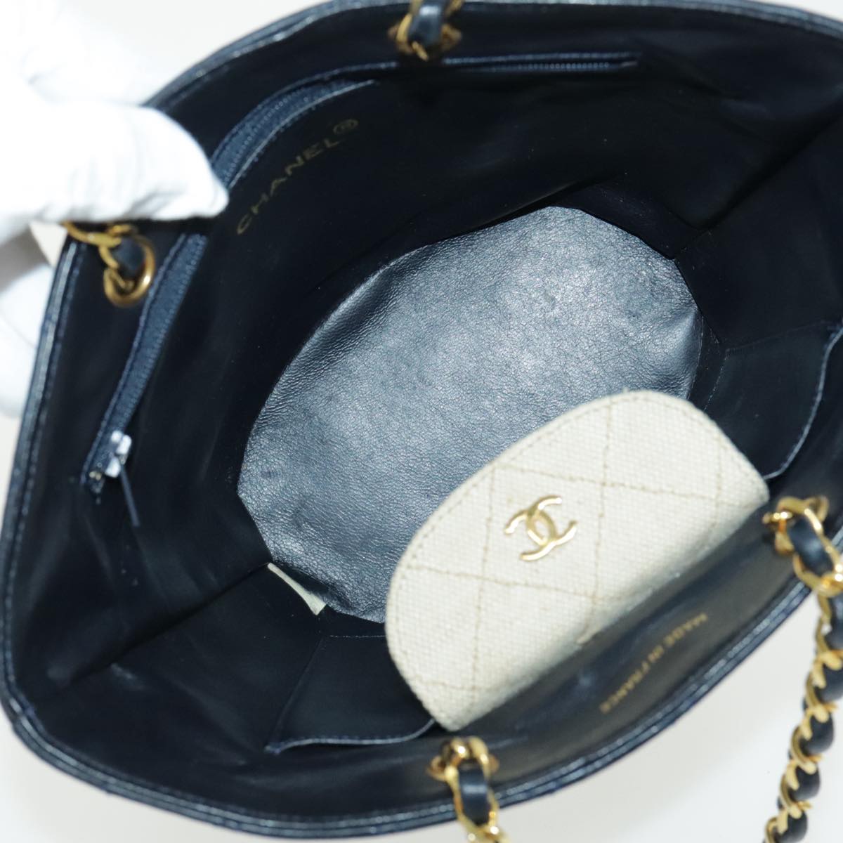 CHANEL Chain Tote Bag Canvas Lamb Skin Beige Black CC 93080