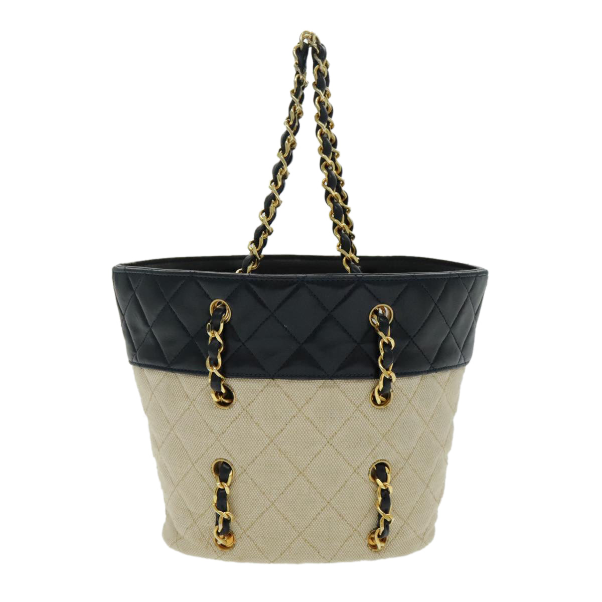 CHANEL Chain Tote Bag Canvas Lamb Skin Beige Black CC 93080