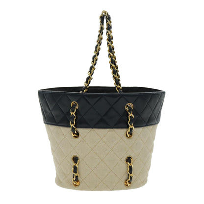 CHANEL Chain Tote Bag Canvas Lamb Skin Beige Black CC 93080