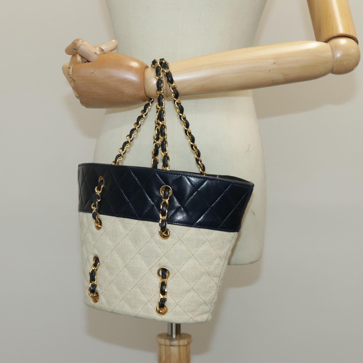 CHANEL Chain Tote Bag Canvas Lamb Skin Beige Black CC 93080