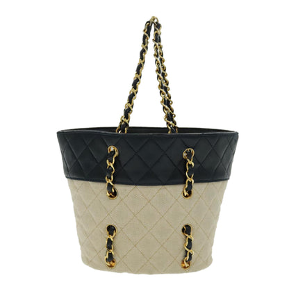 CHANEL Chain Tote Bag Canvas Lamb Skin Beige Black CC 93080