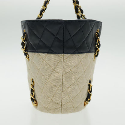 CHANEL Chain Tote Bag Canvas Lamb Skin Beige Black CC 93080