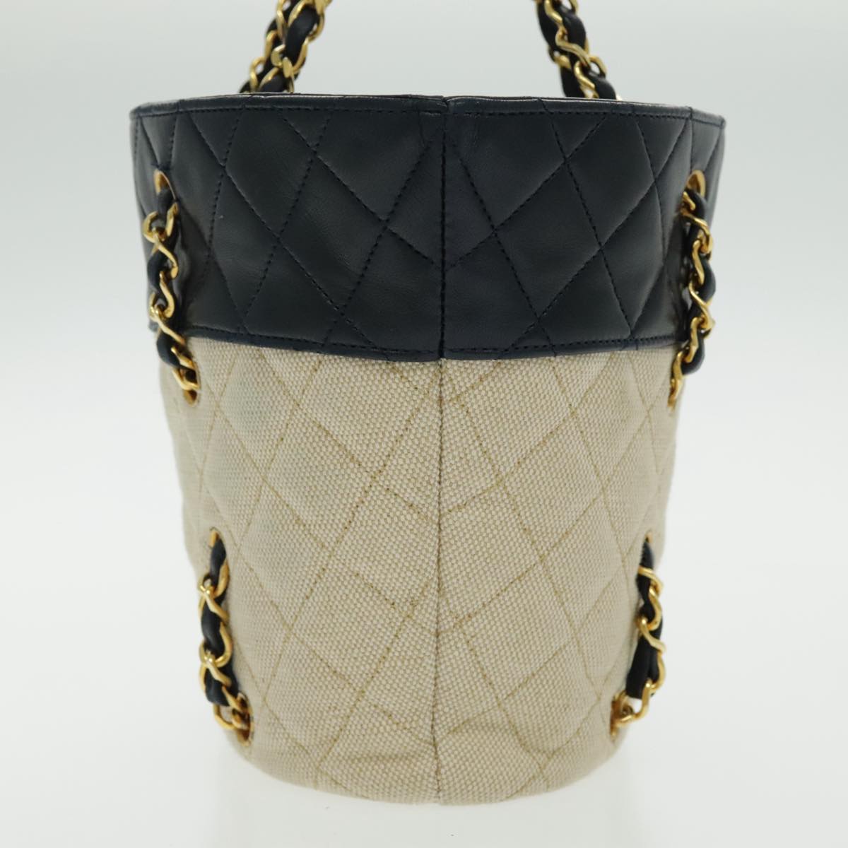 CHANEL Chain Tote Bag Canvas Lamb Skin Beige Black CC 93080